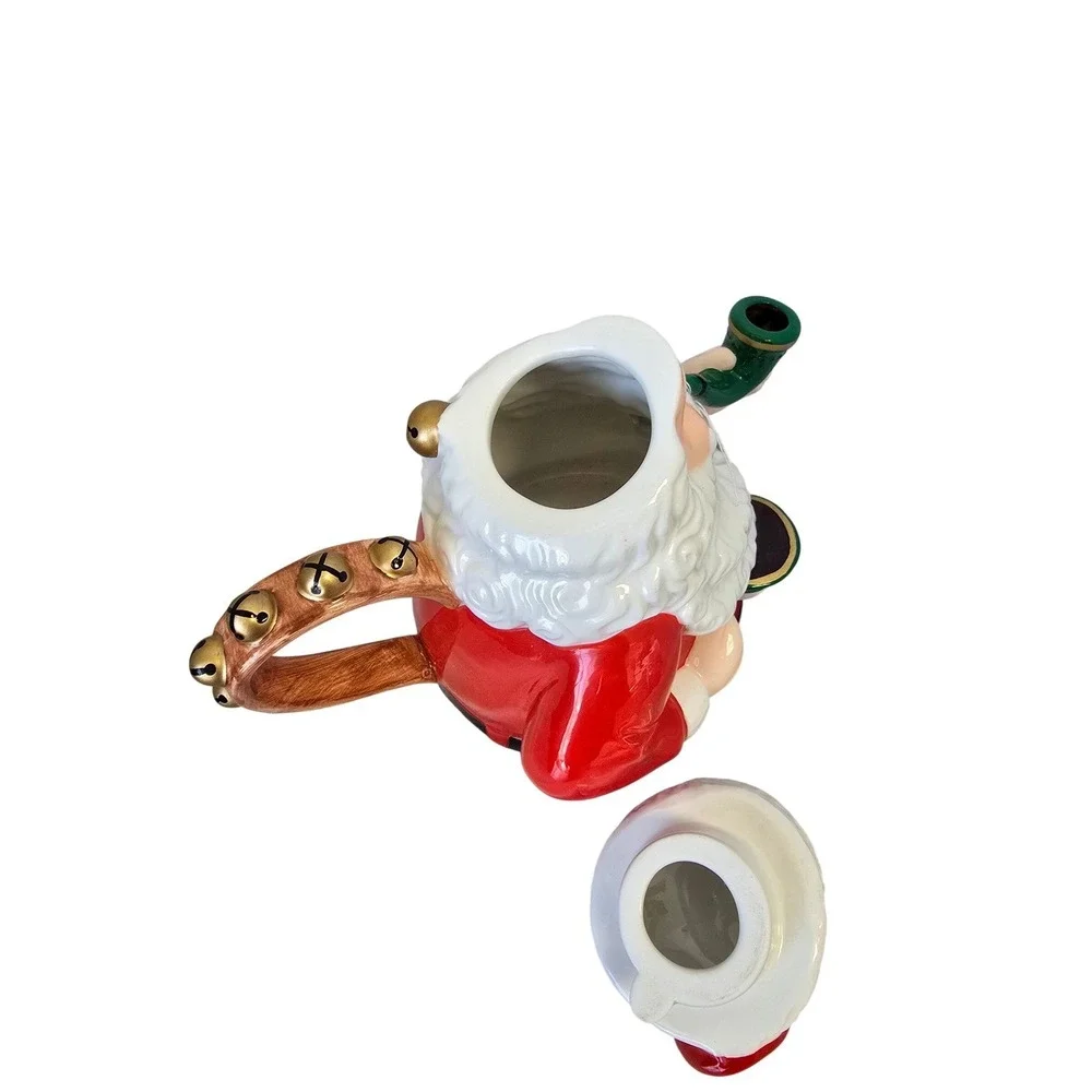Santa Claus Ceramic Teapot Dept 56 Jingle‎ Bell Handle Smoking Pipe Spout